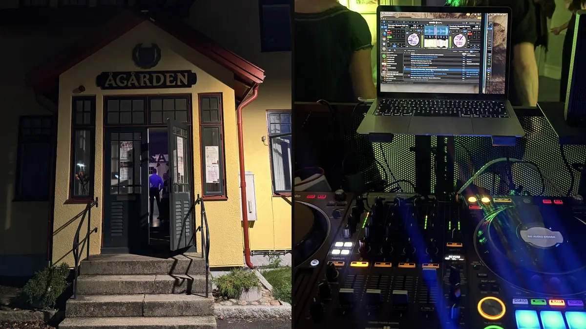Entrén till Ågården i Lerum och DJ-bordet med kontroller och dator