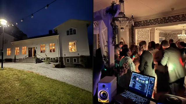 Trankärrsgården i Kungälv upplyst på kvällen och dansgolvet under Anizettes bröllop