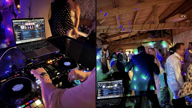 DJ-bordet och dansgolvet under Josephines bröllop på Isladan i Kungsbacka
